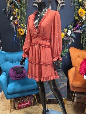 Ruffle Tiered Mini Dress in Rust Red